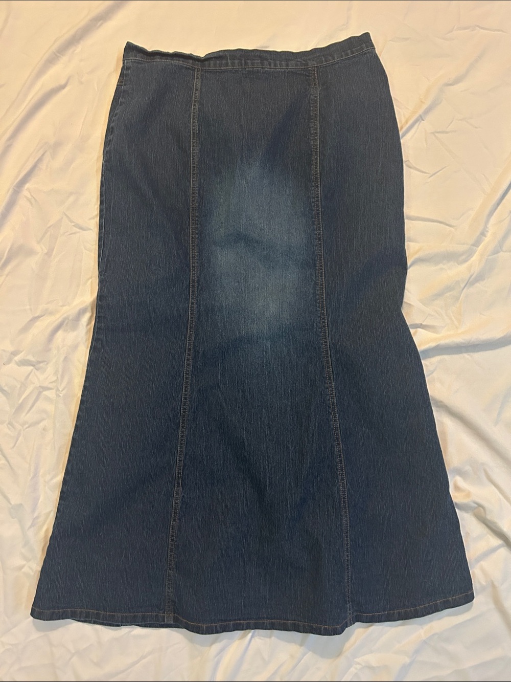Jean Skirt Panel A-Line Flared Button/Snap Front Dark Blue Denim Stretch Maxi 14 - Picture 2 of 6
